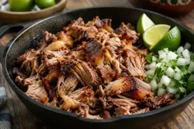 Shredded carnitas with crisped edges in a cast iron pan with lime and onion