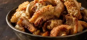 Golden crispy pork cracklings piled in a metal bowl