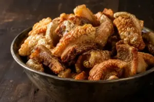 Golden crispy pork cracklings piled in a metal bowl