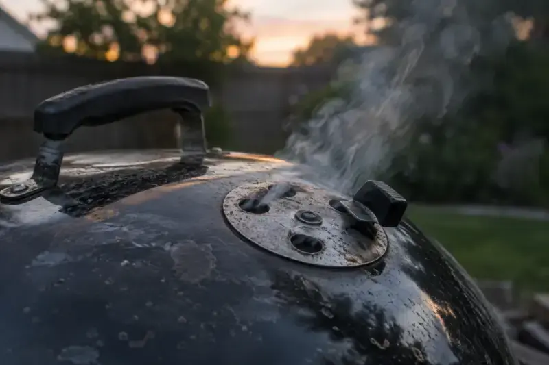 Top vent of a charcoal kettle grill with thin smoke escaping