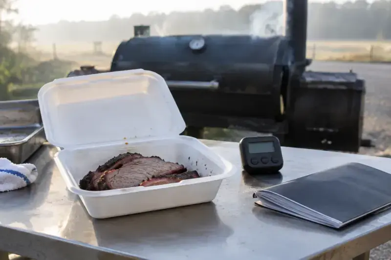 Turn-in container and timer on a prep table at a barbecue contest