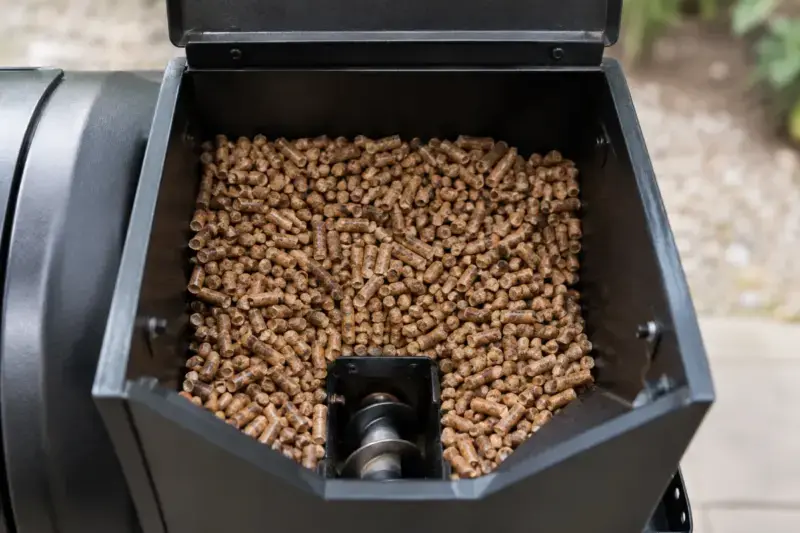 Open pellet grill hopper filled with hardwood pellets