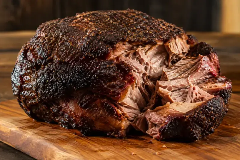 Smoked pork butt with dark bark, pulled open to show the interior