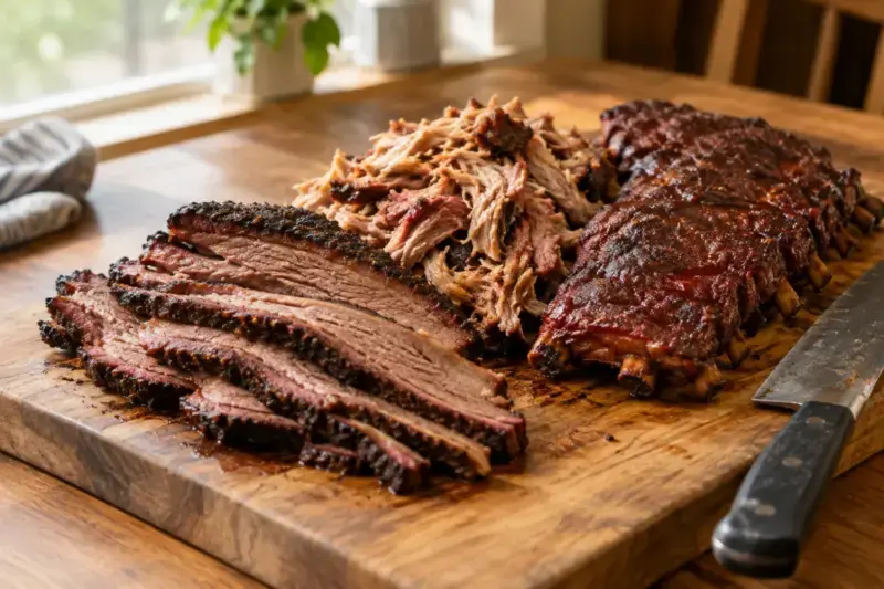 Carving board with sliced brisket, pulled pork and a rack of ribs