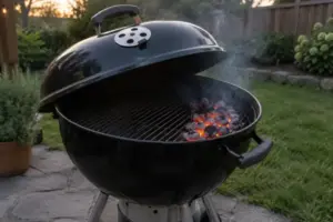 Charcoal kettle grill with coals banked to one side for two-zone cooking