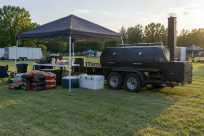 Competition team setup with trailer smoker, canopy, coolers and charcoal