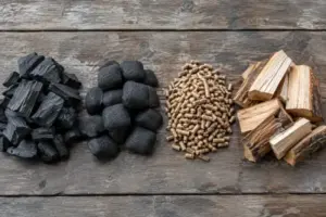 Lump charcoal, briquettes, hardwood pellets and wood chunks side by side