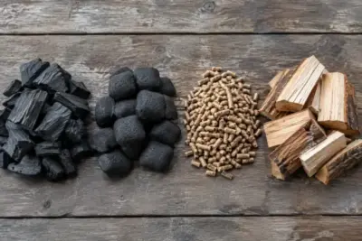 Lump charcoal, briquettes, hardwood pellets and wood chunks side by side
