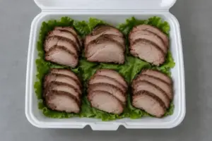 Open turn-in box with six portions of sliced smoked pork on a lettuce bed