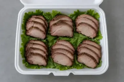 Open turn-in box with six portions of sliced smoked pork on a lettuce bed