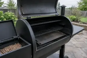 Pellet grill with the lid open showing grates, heat deflector and hopper